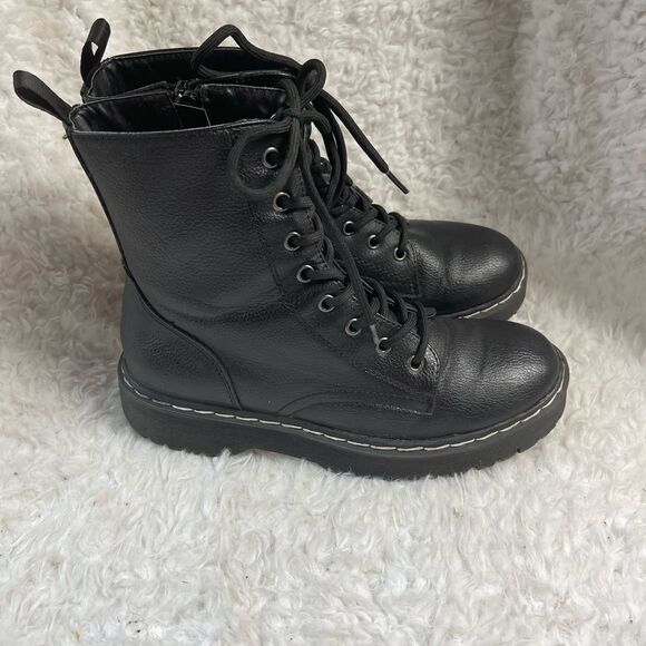 Sincerely Jules Black synthetic leather combat lace up boots side zipper SZ8M - Picture 1 of 9